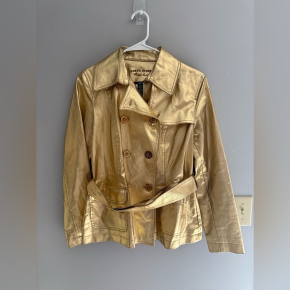 Ralph Lauren Metallic Gold Double Breasted Belted Twill Trench Coat Womens SZ MP - Picture 1 of 9